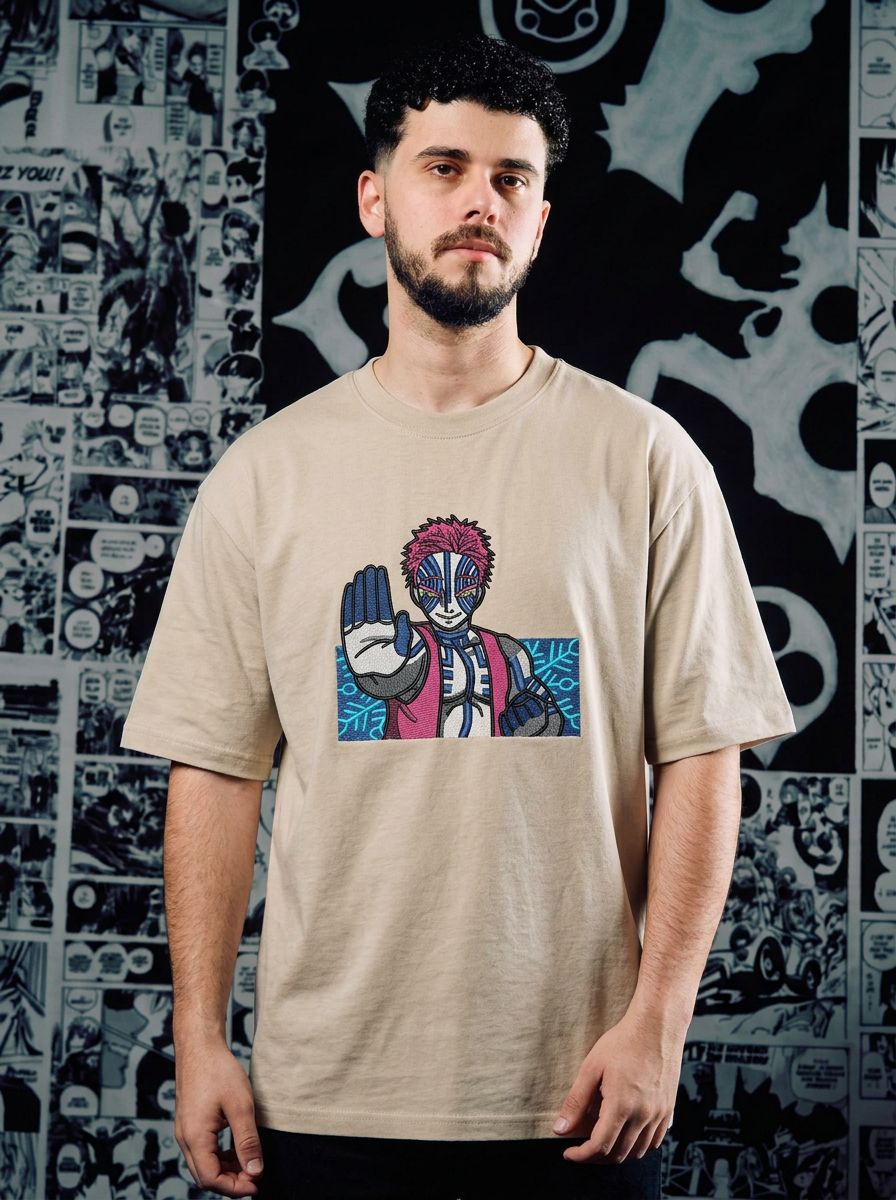 Demon Slayer Embroidered T-Shirt – Bamboo Muzzle – Beige