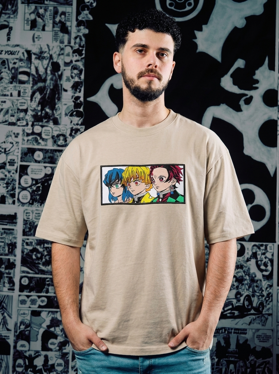 Demon Slayer Embroidered T-Shirt – Thunderclap and Flash – Beige