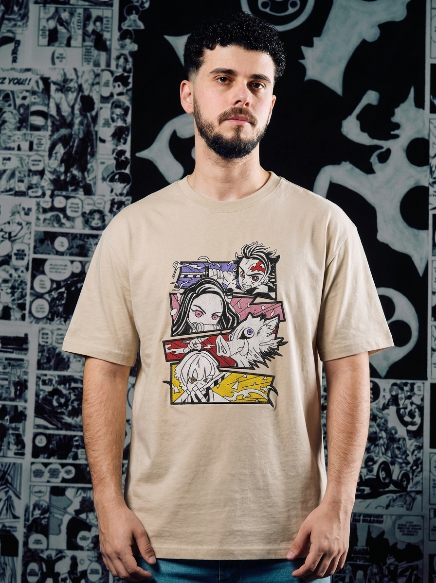 Demon Slayer Embroidered T-Shirt – Beast Breathing – Beige