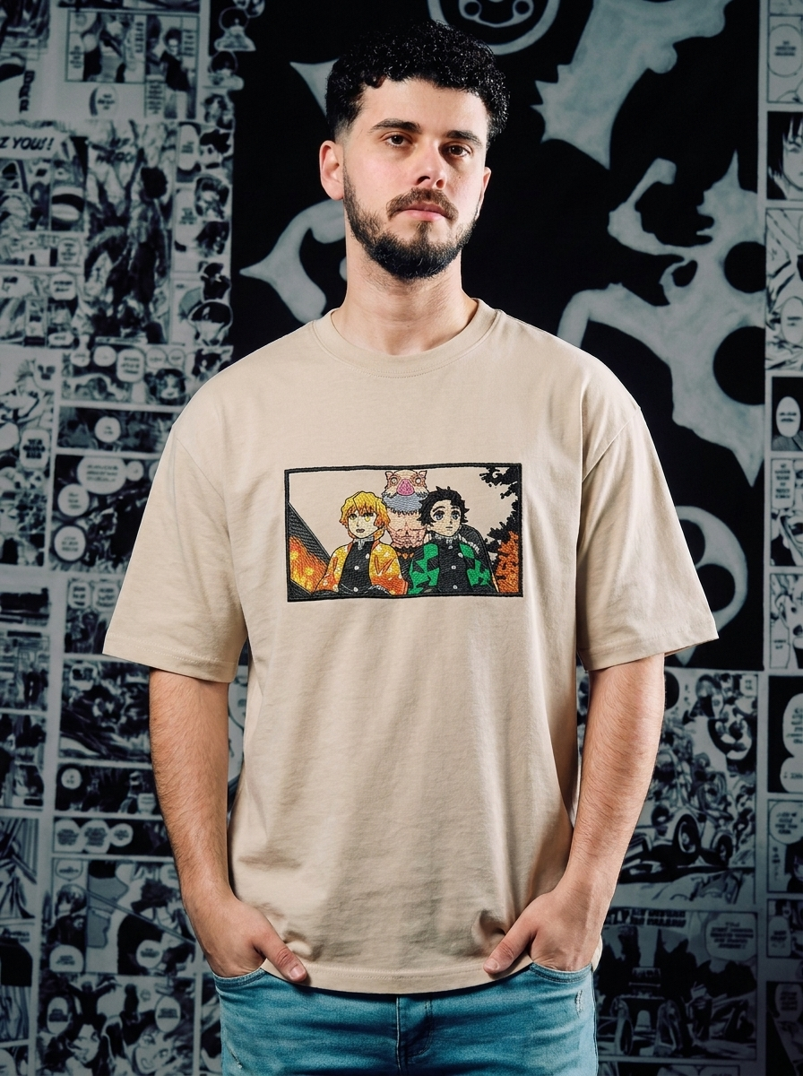 Demon Slayer Embroidered T-Shirt – Flame Hashira – Beige