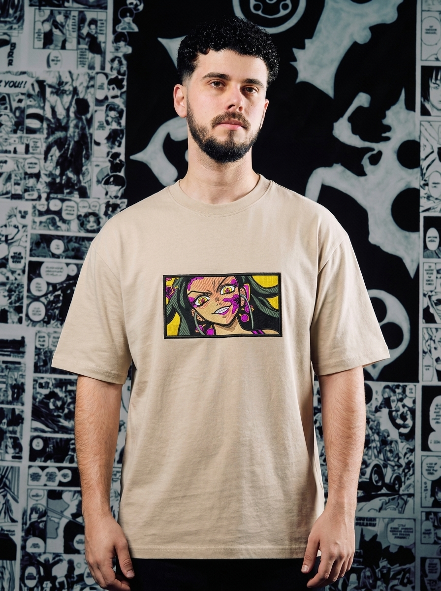 Demon Slayer Embroidered T-Shirt – Water Hashira – Beige