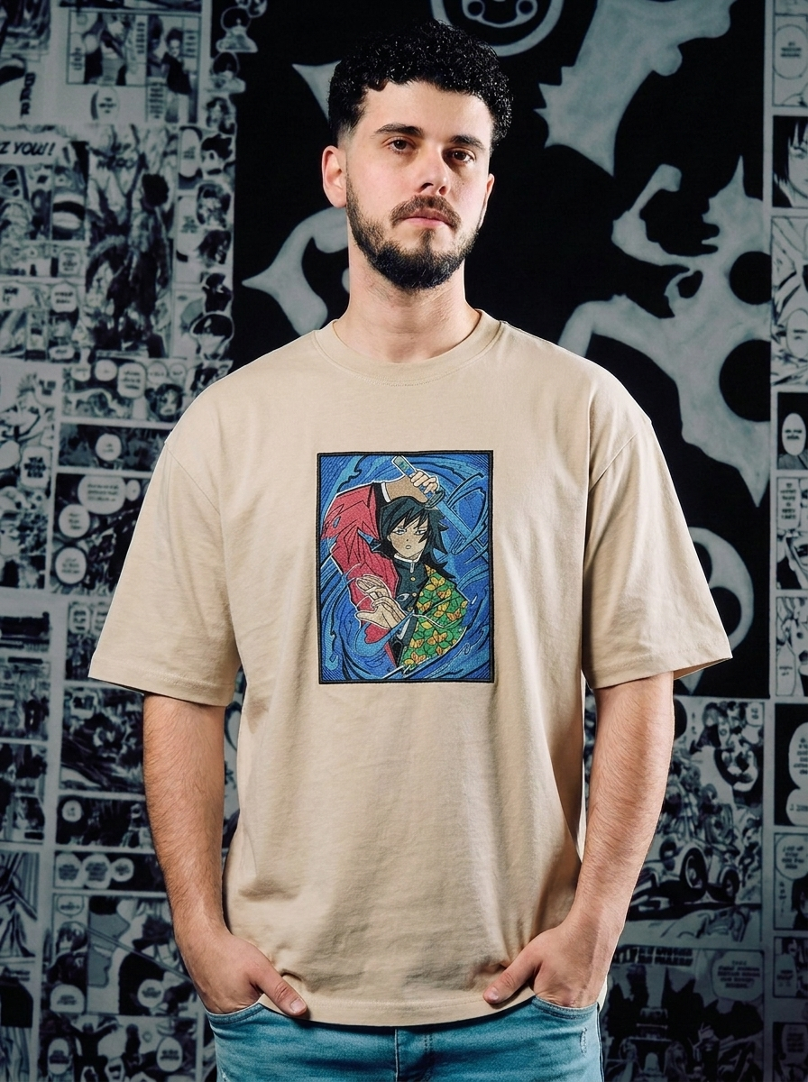 Demon Slayer Embroidered T-Shirt – Progenitor of Demons – Beige