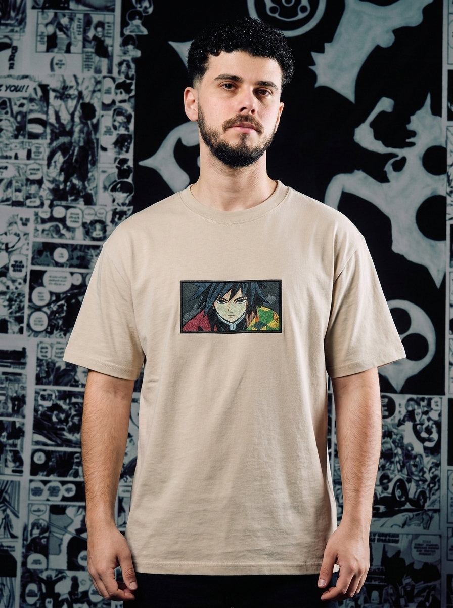 Demon Slayer Embroidered T-Shirt – Upper Moon Three – Beige