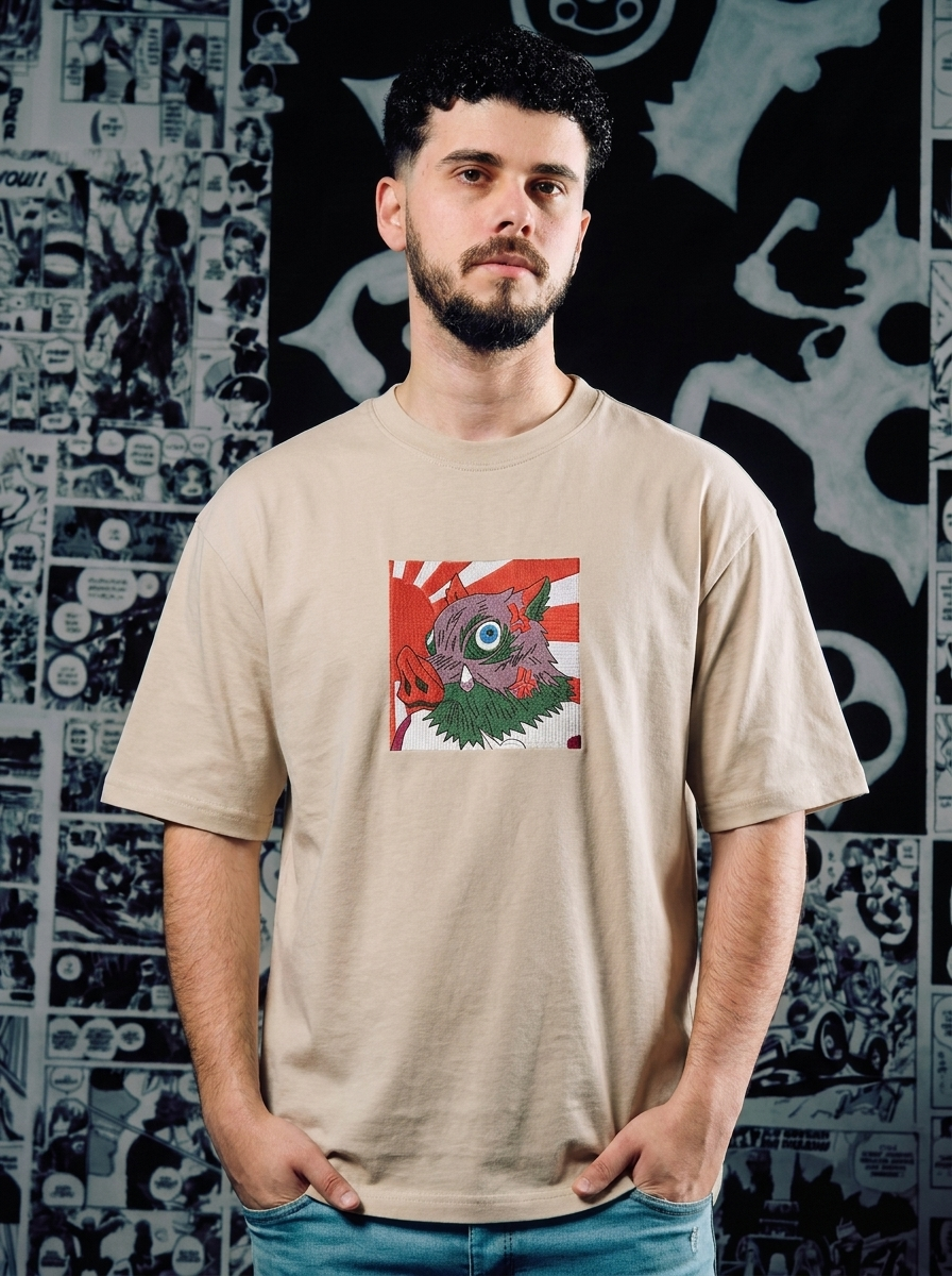 Demon Slayer Embroidered T-Shirt – Upper Moon Six: Gyutaro – Beige