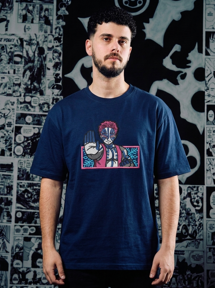 Demon Slayer Embroidered T-Shirt – Bamboo Muzzle – Navy