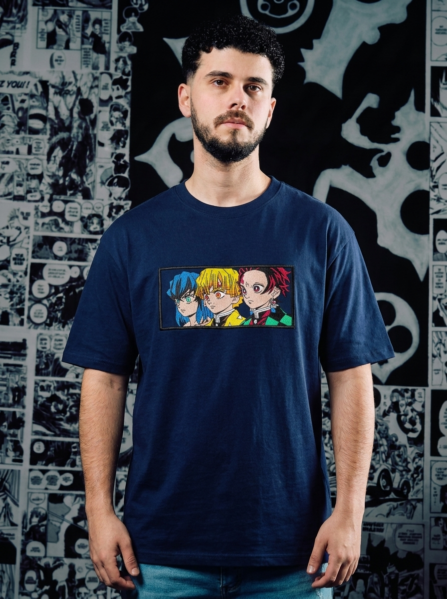 Demon Slayer Embroidered T-Shirt – Thunderclap and Flash – Navy