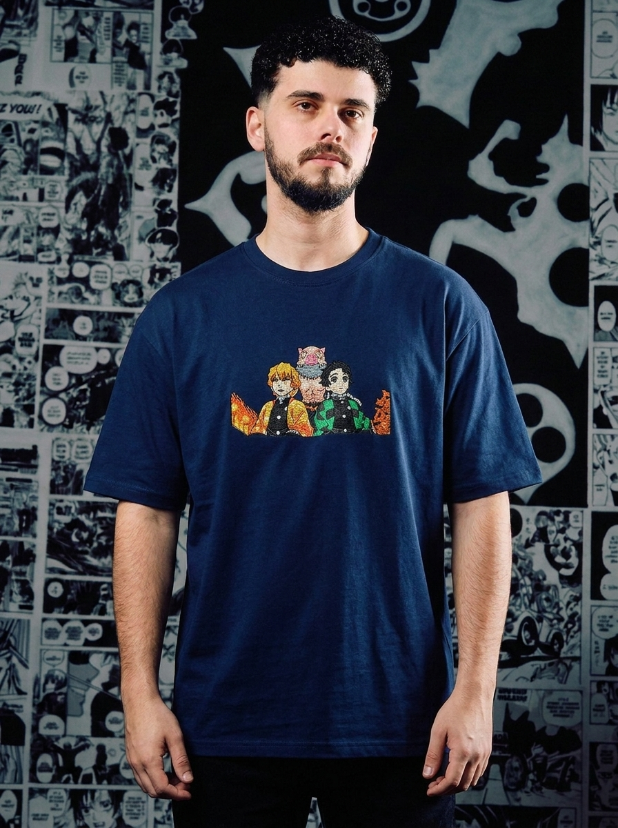 Demon Slayer Embroidered T-Shirt – Flame Hashira – Navy