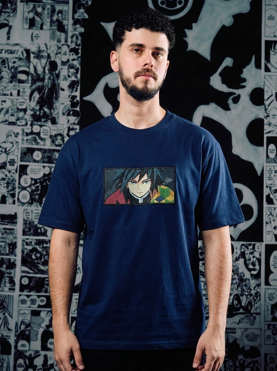 Demon Slayer Embroidered T-Shirt – Upper Moon Three – Navy