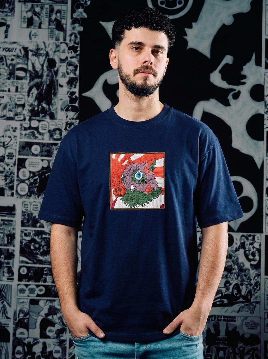 Demon Slayer Embroidered T-Shirt – Upper Moon Six: Gyutaro – Navy