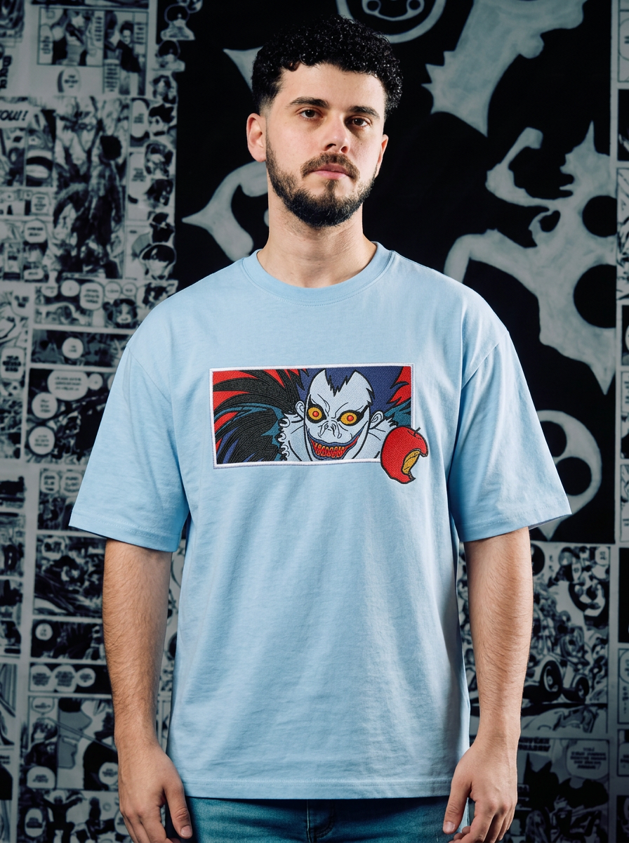 Death Note Embroidered T-Shirt – The World's Greatest Detective – Light Blue