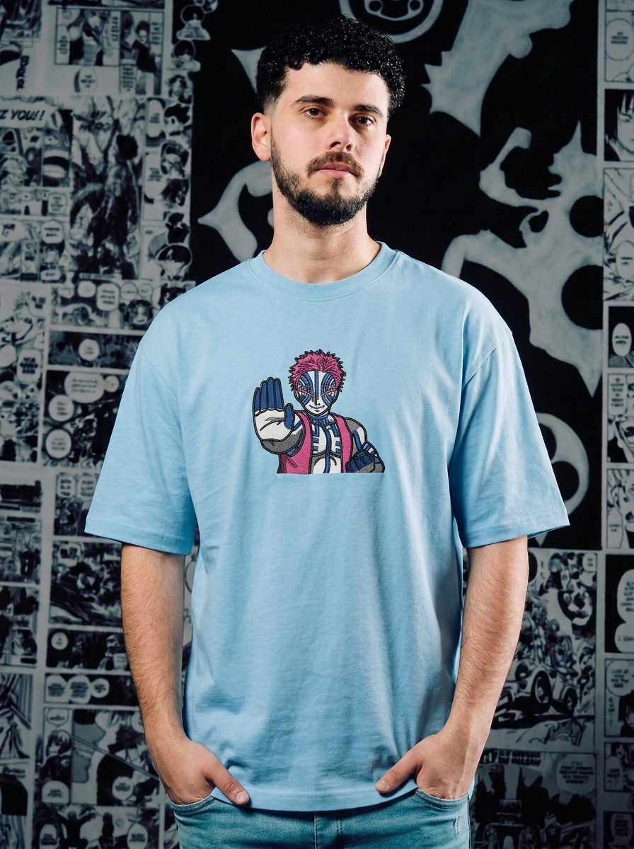 Demon Slayer Embroidered T-Shirt – Bamboo Muzzle – Light Blue