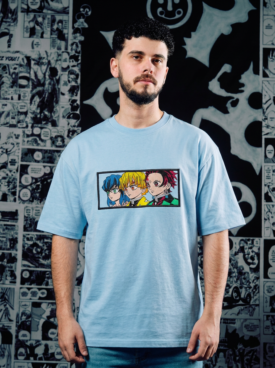 Demon Slayer Embroidered T-Shirt – Thunderclap and Flash – Light Blue