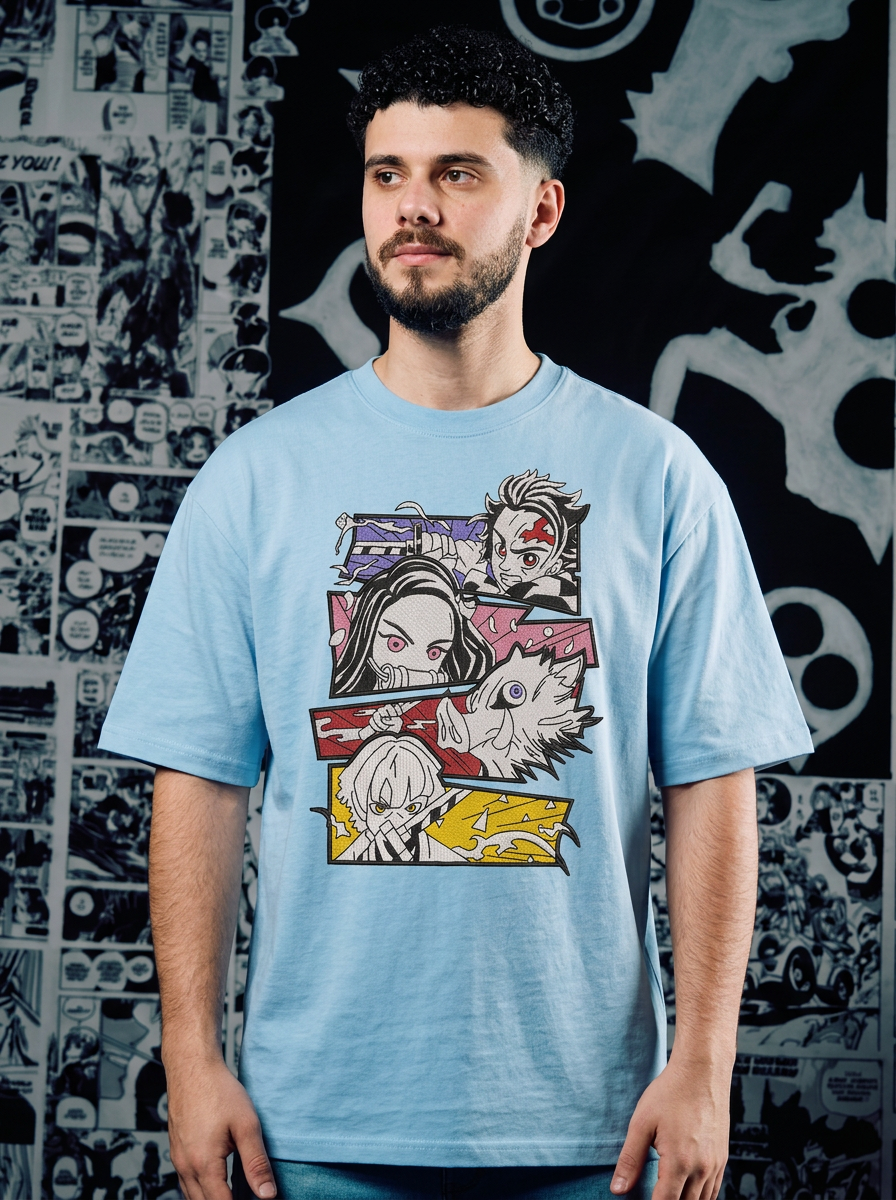 Demon Slayer Embroidered T-Shirt – Beast Breathing – Light Blue