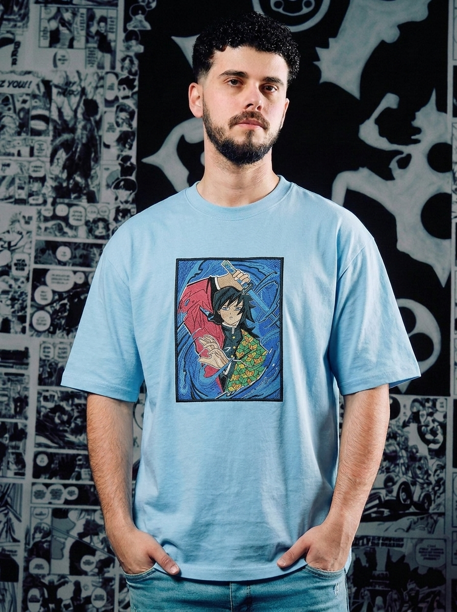Demon Slayer Embroidered T-Shirt – Progenitor of Demons – Light Blue