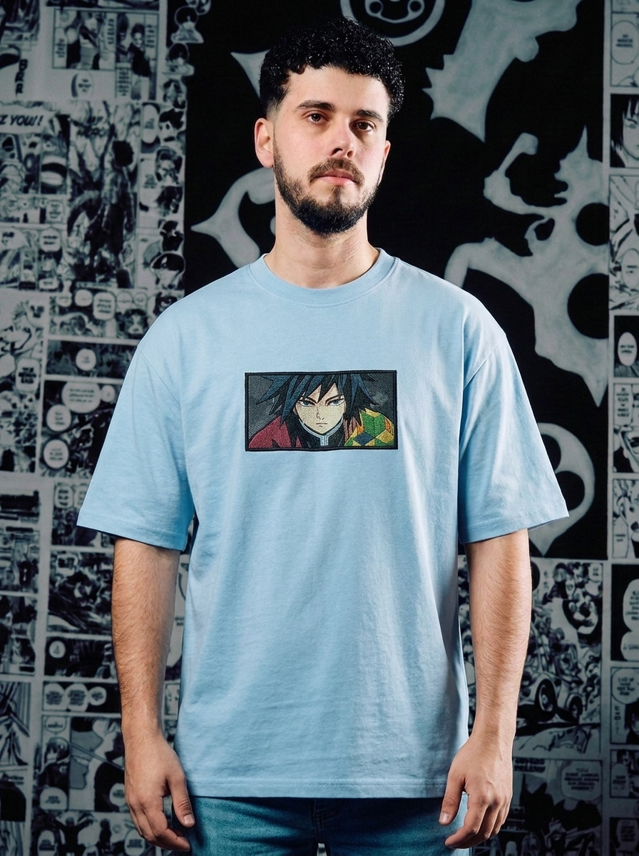 Demon Slayer Embroidered T-Shirt – Upper Moon Three – Light Blue