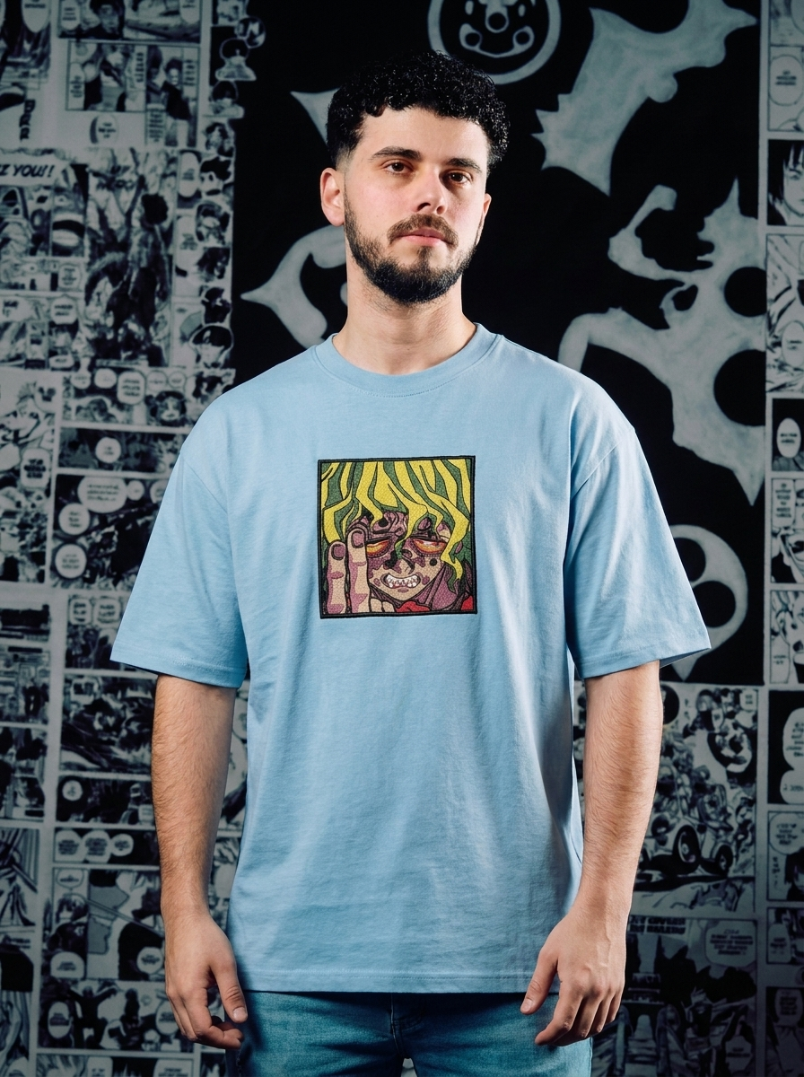 Demon Slayer Embroidered T-Shirt – Wind Hashira – Light Blue