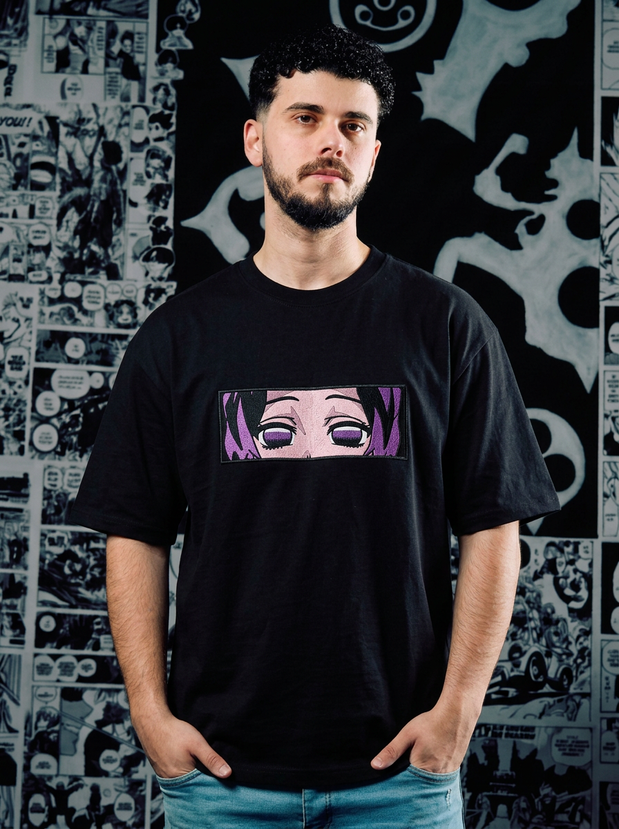 Demon Slayer Embroidered T-Shirt – Twin Upper Moon – Black