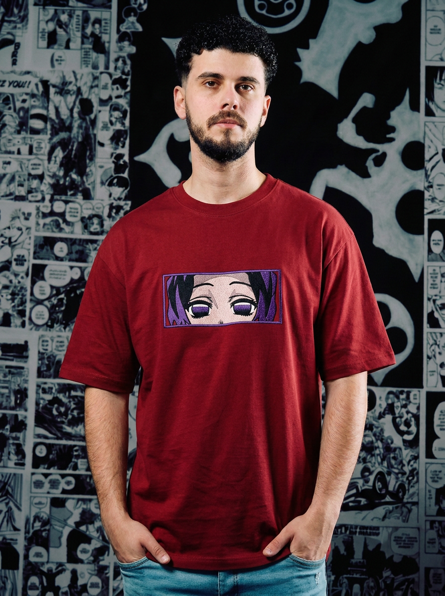 Demon Slayer Embroidered T-Shirt – Twin Upper Moon – Dark Red