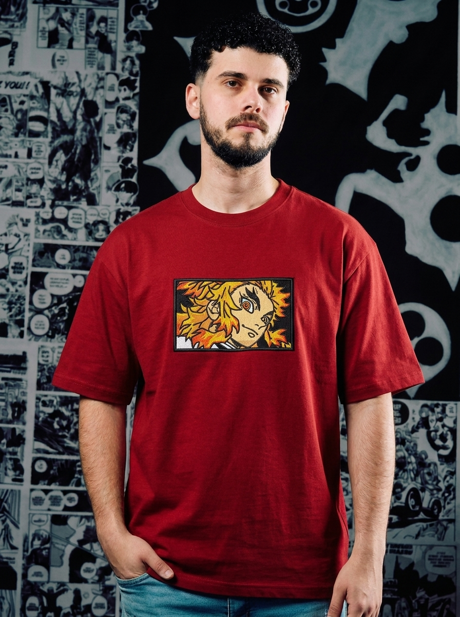 Demon Slayer Embroidered T-Shirt – Total Concentration – Dark Red