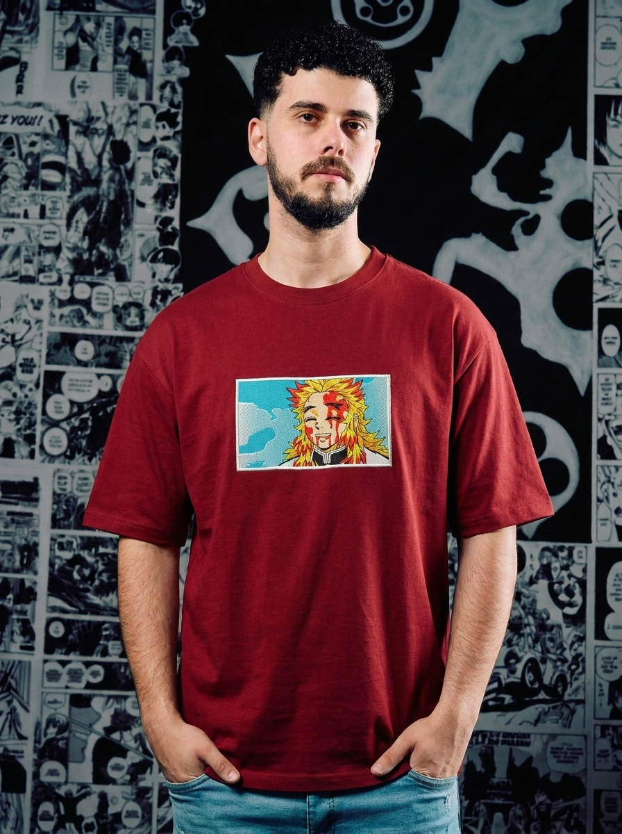 Demon Slayer Embroidered T-Shirt – Hinokami Kagura – Dark Red