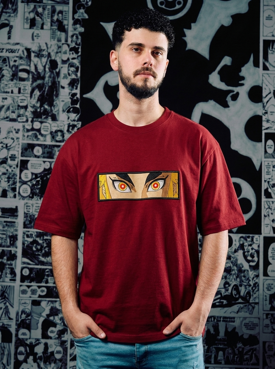 Demon Slayer Embroidered T-Shirt – Sun Breathing – Dark Red