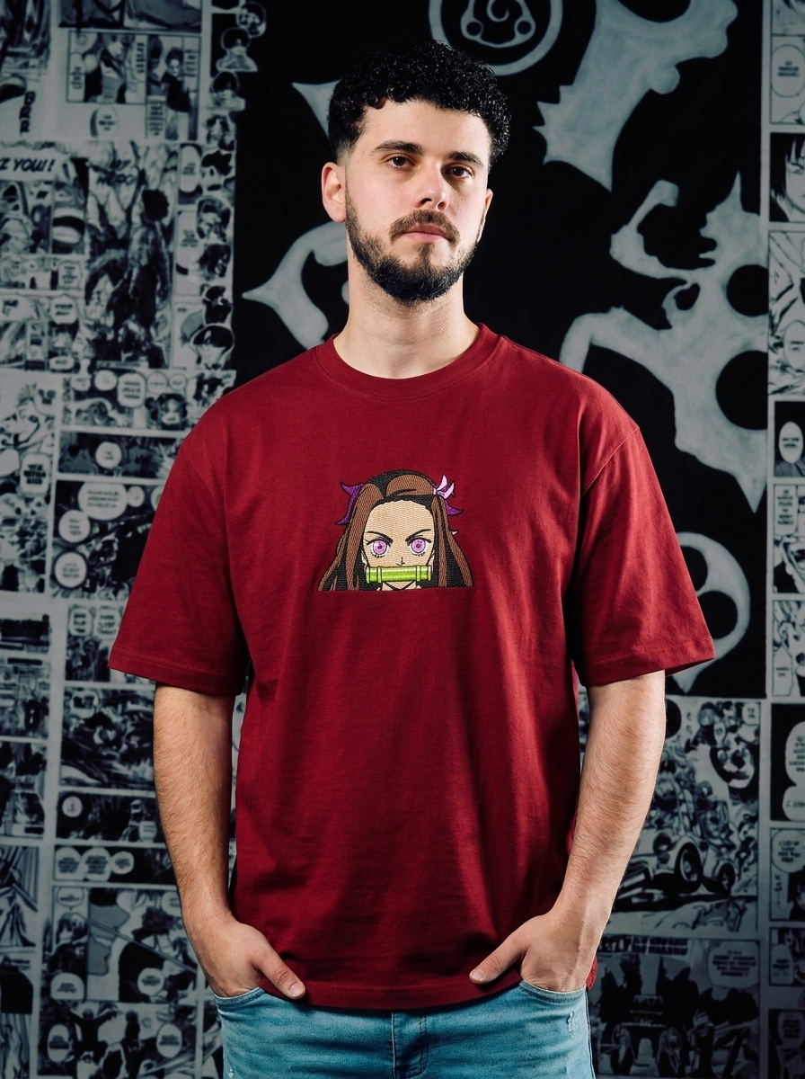 Demon Slayer Embroidered T-Shirt – Kamado Family Crest – Dark Red
