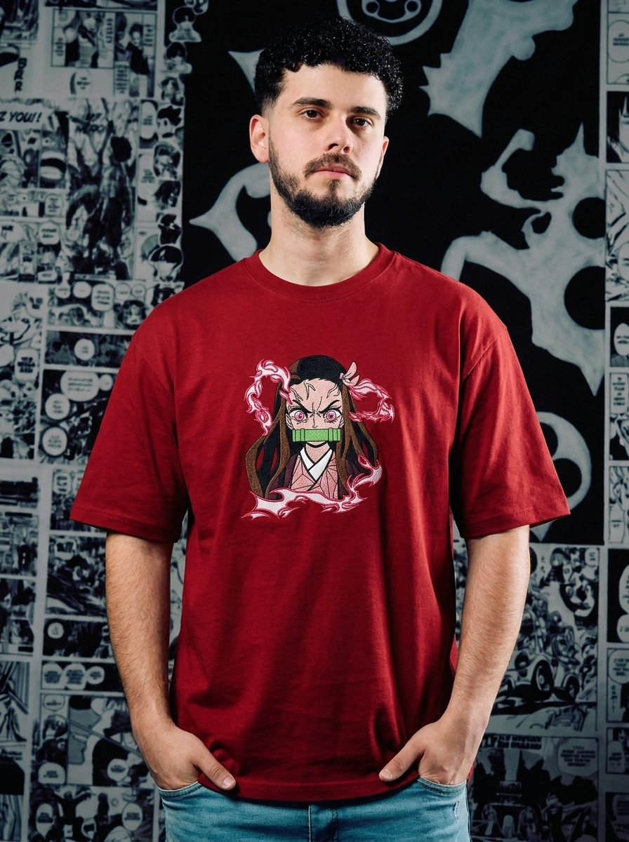 Demon Slayer Embroidered T-Shirt – Butterfly Mansion – Dark Red