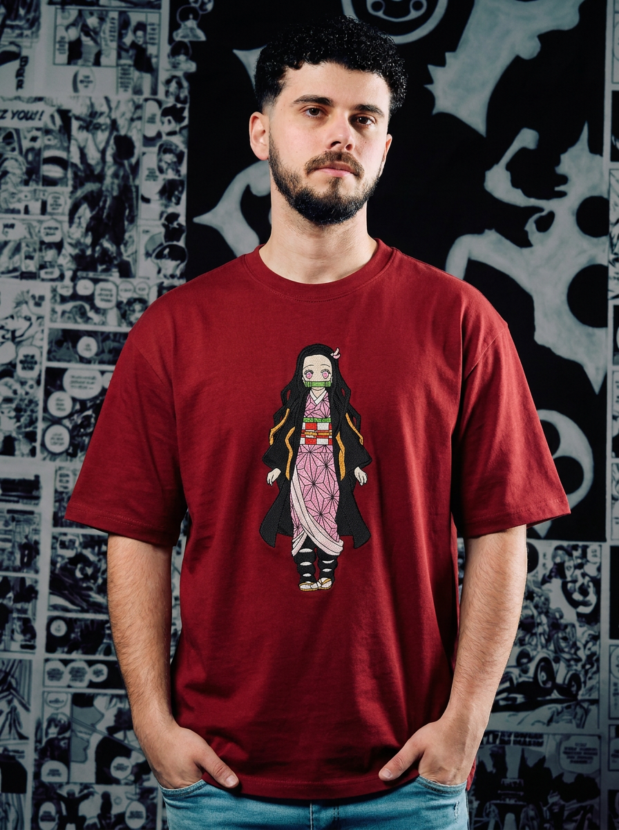 Demon Slayer Embroidered T-Shirt – Wisteria Flower Crest – Dark Red