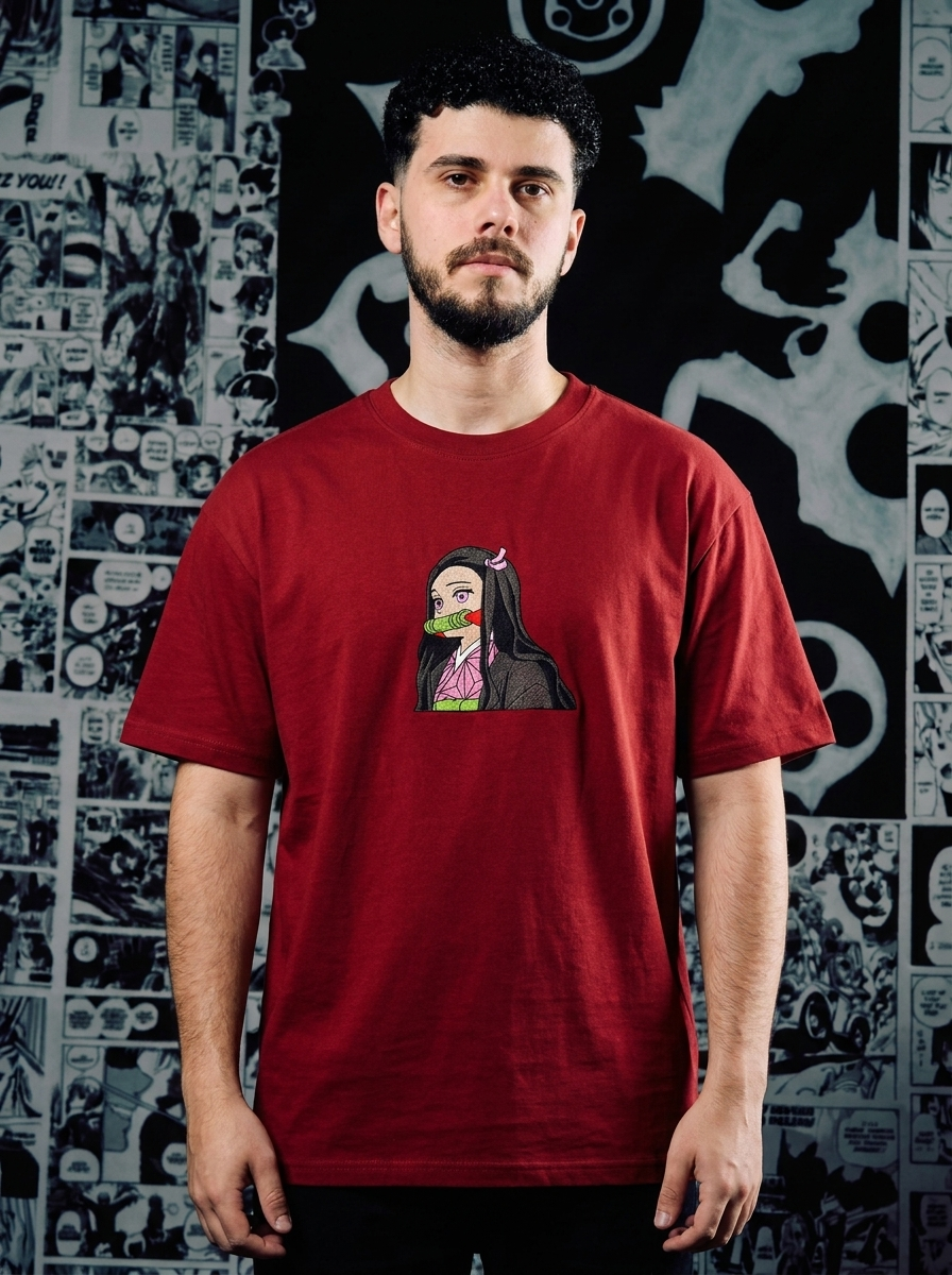 Demon Slayer Embroidered T-Shirt – Demon Slaying Blade – Dark Red