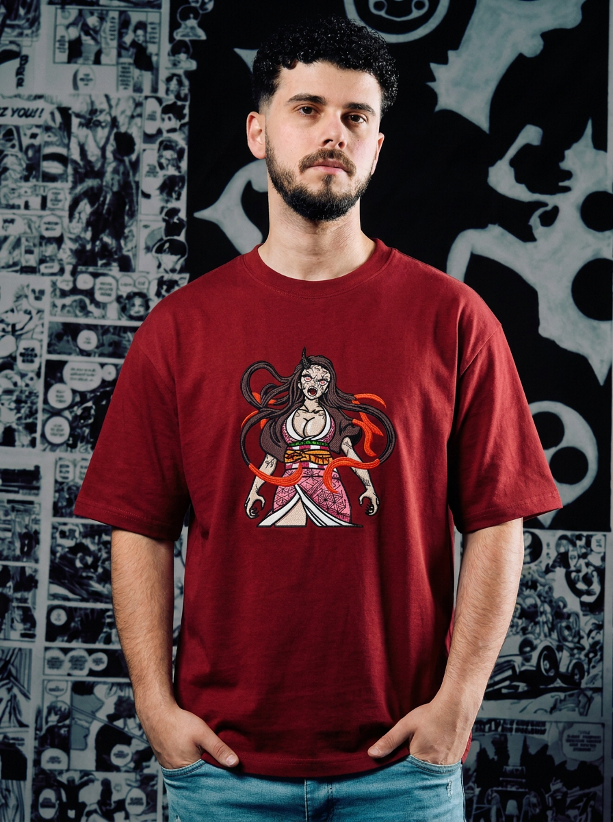 Demon Slayer Embroidered T-Shirt – Water Surface Slash – Dark Red