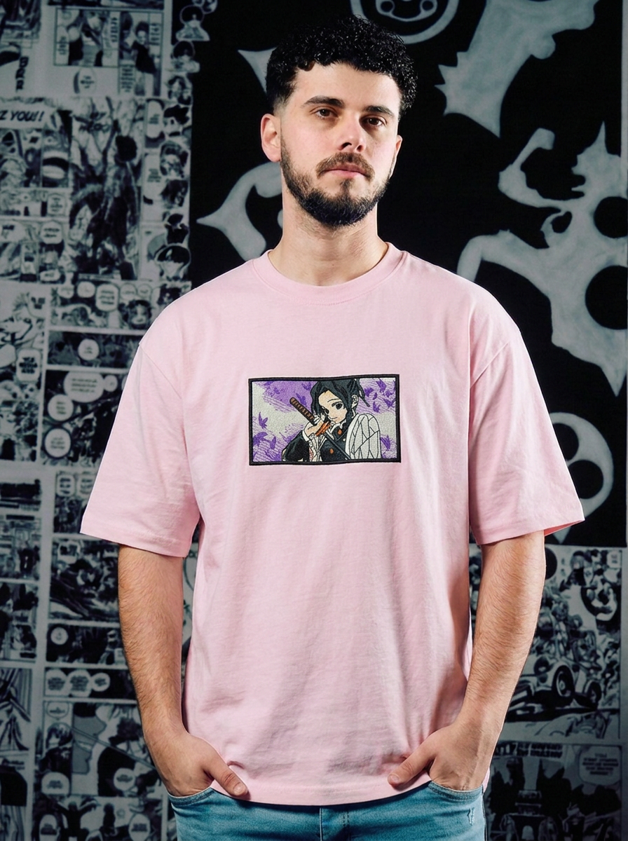Demon Slayer Embroidered T-Shirt – Muzan's Successor – Light Pink