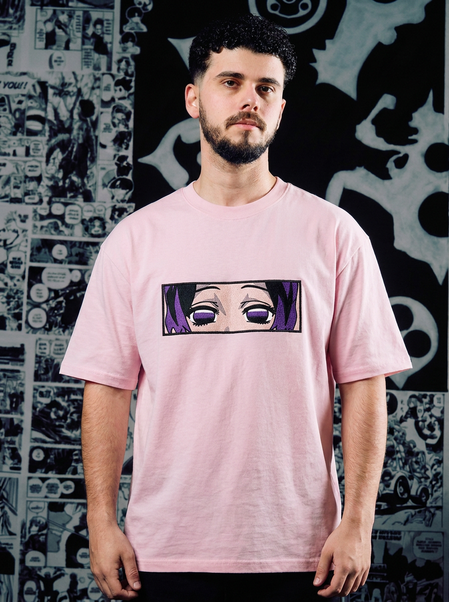 Demon Slayer Embroidered T-Shirt – Twin Upper Moon – Light Pink