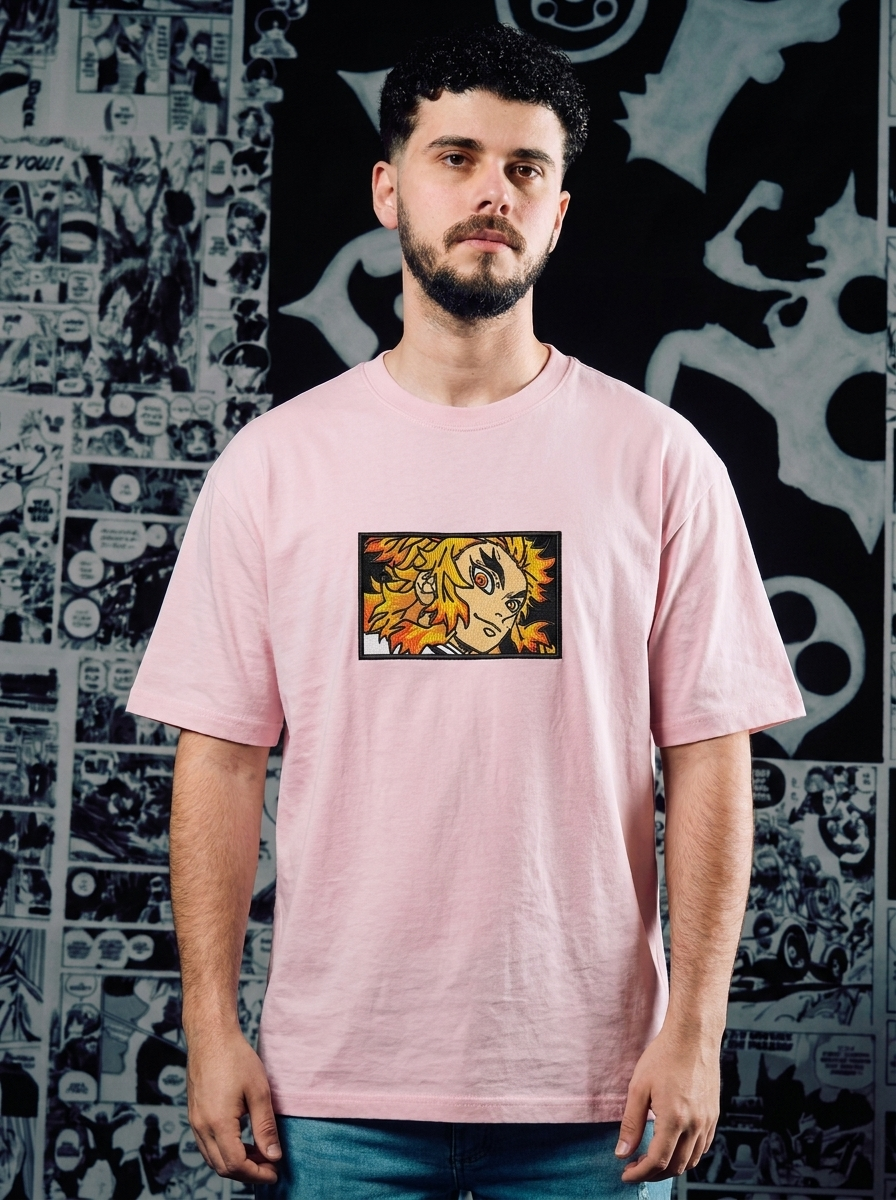 Demon Slayer Embroidered T-Shirt – Total Concentration – Light Pink