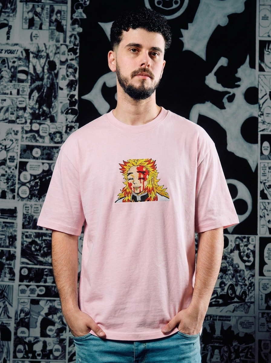 Demon Slayer Embroidered T-Shirt – Hinokami Kagura – Light Pink