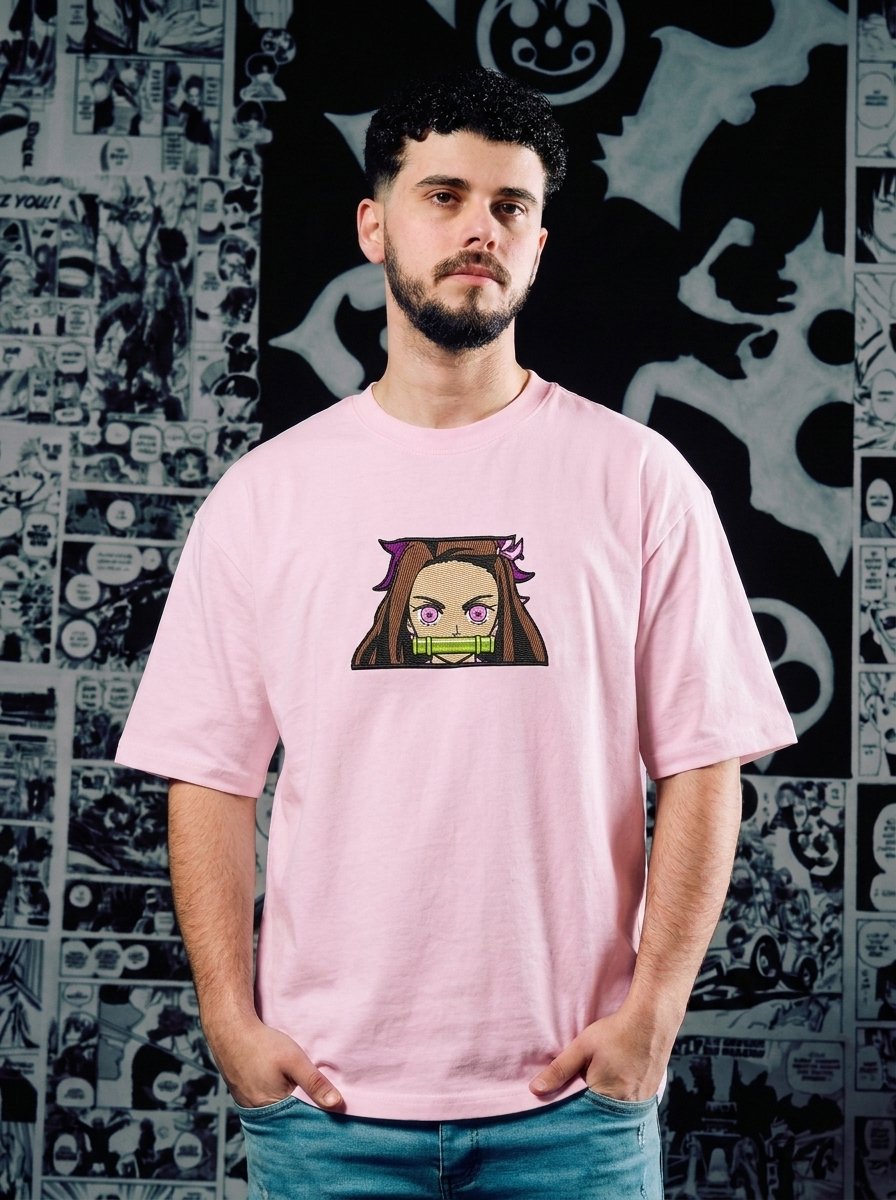 Demon Slayer Embroidered T-Shirt – Kamado Family Crest – Light Pink