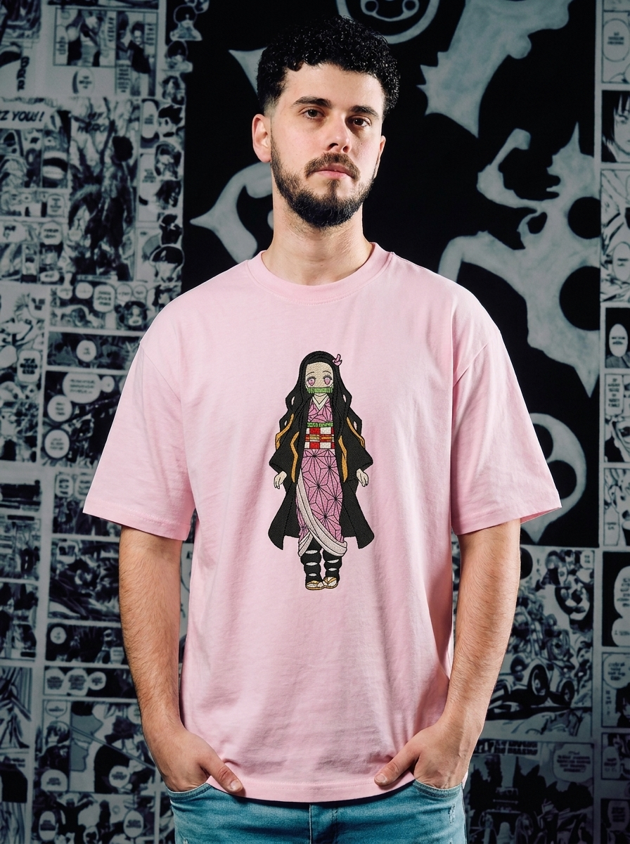 Demon Slayer Embroidered T-Shirt – Wisteria Flower Crest – Light Pink