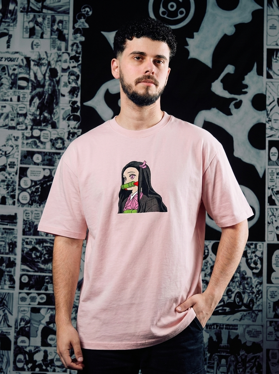 Demon Slayer Embroidered T-Shirt – Demon Slaying Blade – Light Pink