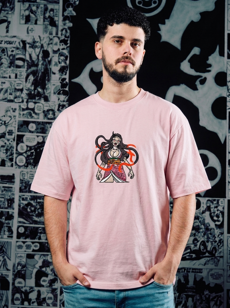 Demon Slayer Embroidered T-Shirt – Water Surface Slash – Light Pink