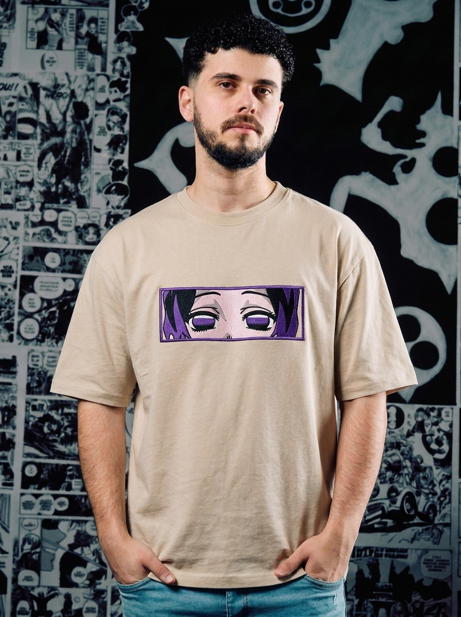Demon Slayer Embroidered T-Shirt – Twin Upper Moon – Beige