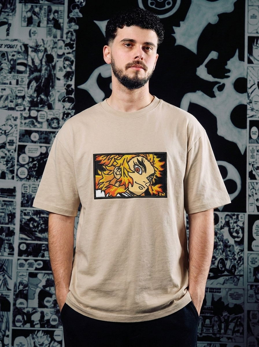 Demon Slayer Embroidered T-Shirt – Total Concentration – Beige