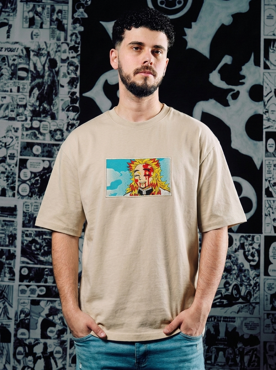 Demon Slayer Embroidered T-Shirt – Hinokami Kagura – Beige