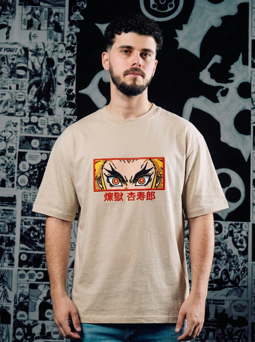 Demon Slayer Embroidered T-Shirt – Mark – Beige