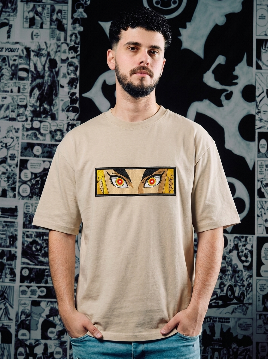 Demon Slayer Embroidered T-Shirt – Sun Breathing – Beige