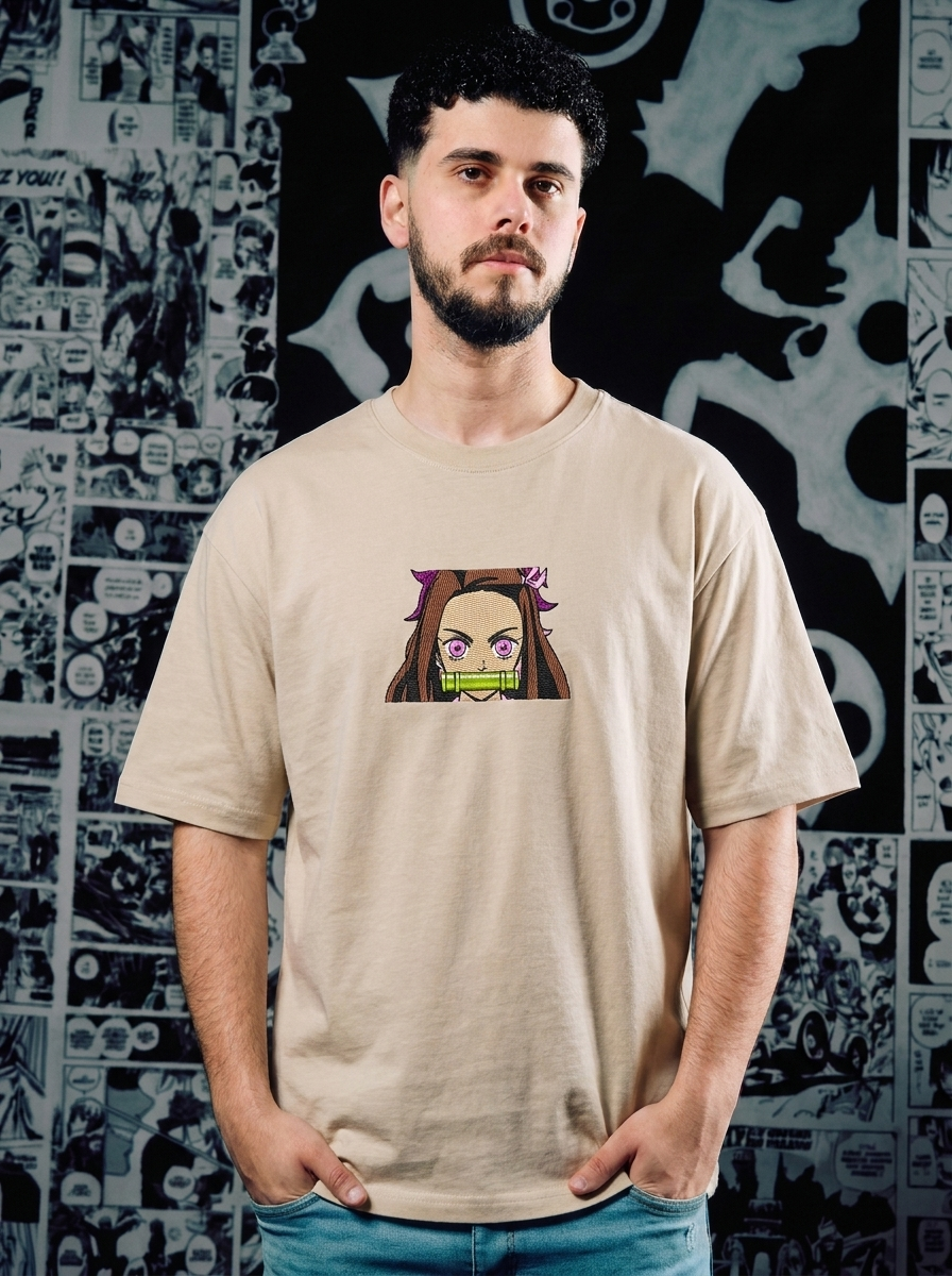 Demon Slayer Embroidered T-Shirt – Kamado Family Crest – Beige