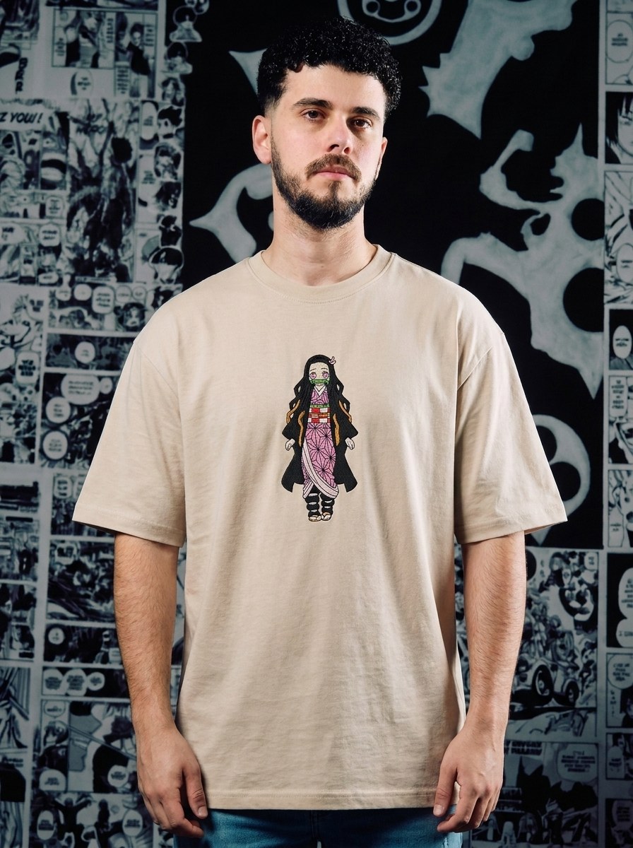 Demon Slayer Embroidered T-Shirt – Wisteria Flower Crest – Beige