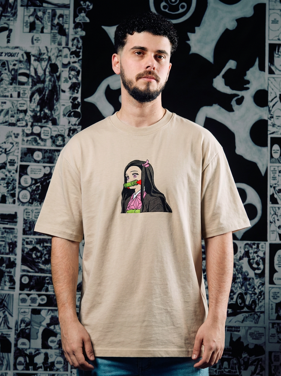 Demon Slayer Embroidered T-Shirt – Demon Slaying Blade – Beige