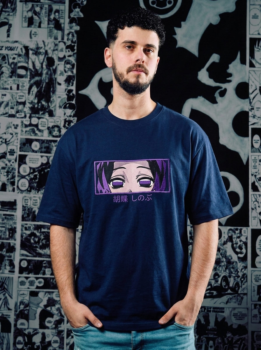 Demon Slayer Embroidered T-Shirt – Twin Upper Moon – Navy