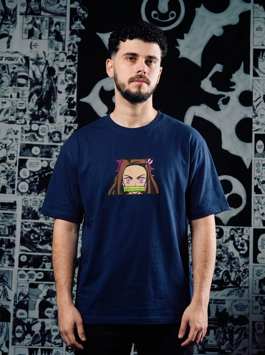 Demon Slayer Embroidered T-Shirt – Kamado Family Crest – Navy