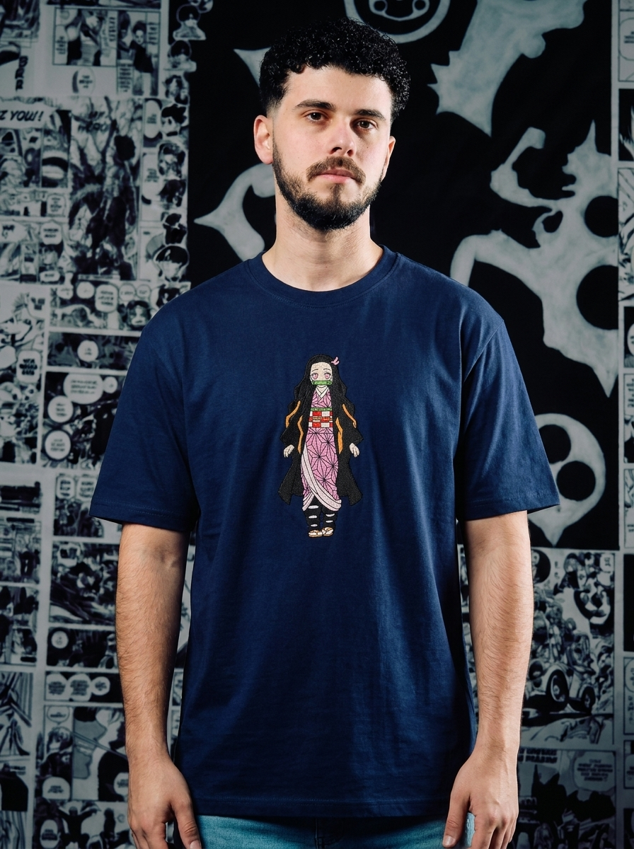 Demon Slayer Embroidered T-Shirt – Wisteria Flower Crest – Navy