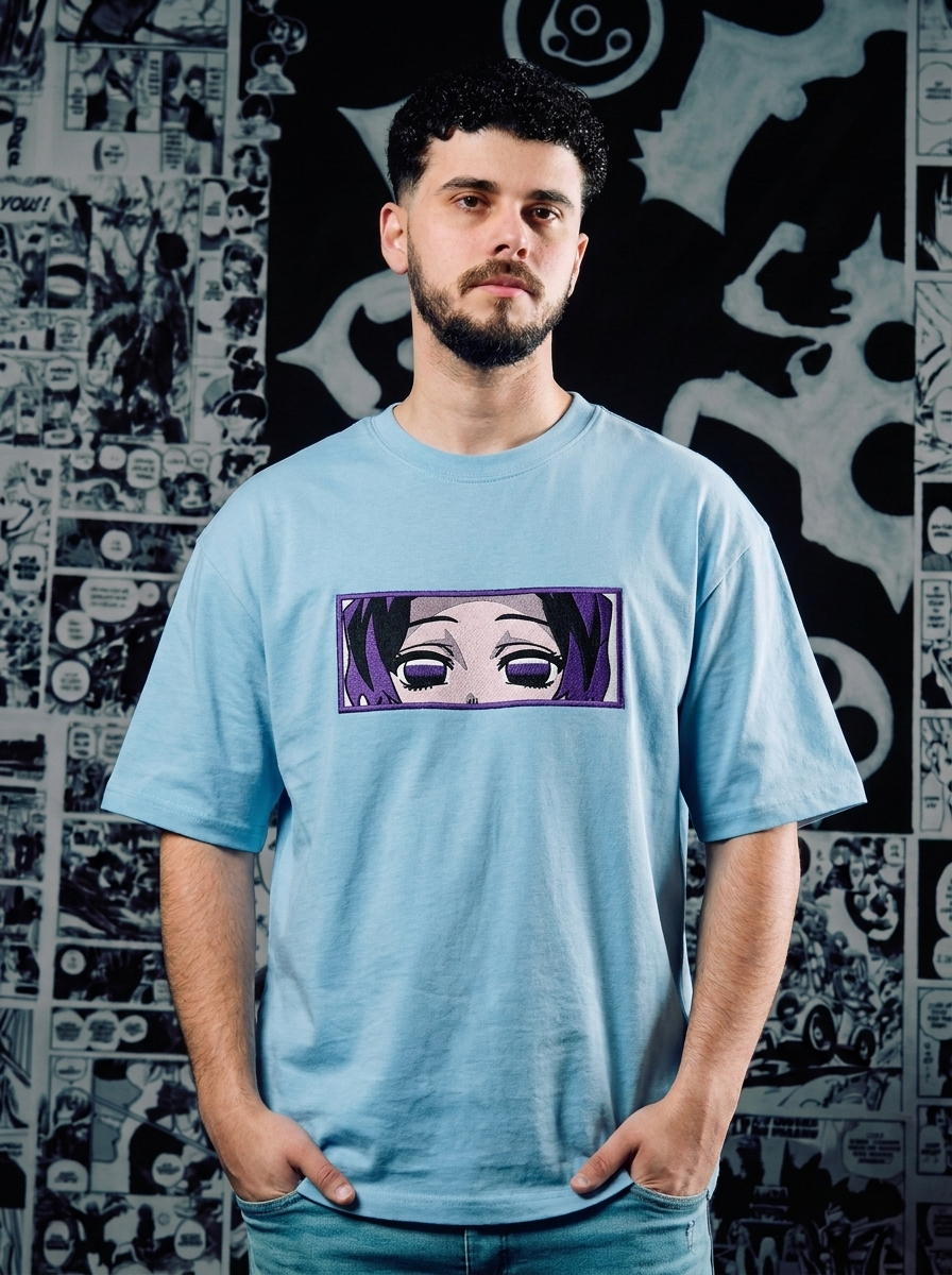 Demon Slayer Embroidered T-Shirt – Twin Upper Moon – Light Blue